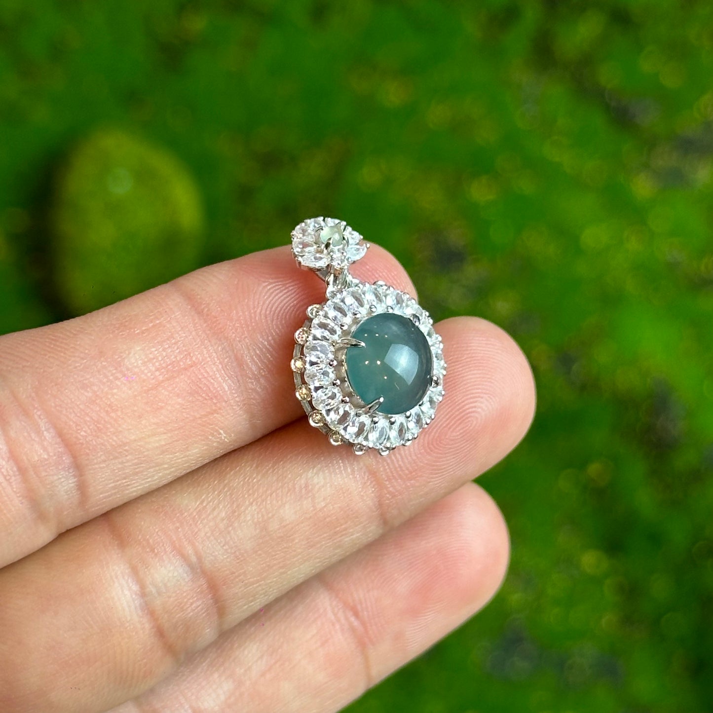 Round Flower Icy Water Green Natural Jadeite Jade Pendant in Silver 925 Setting