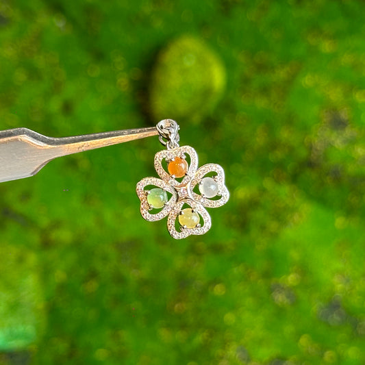 Multi Colour Natural Jadeite Jade Four Leaf Clover Pendant in Silver 925 Setting