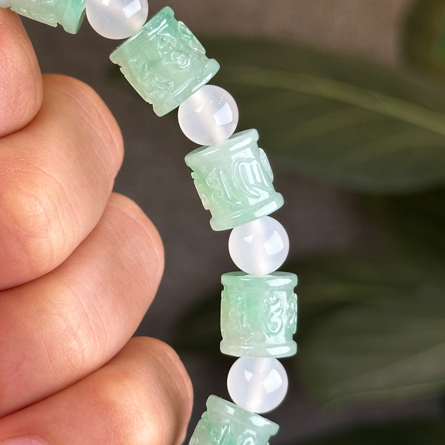 Carved Natural Jadeite Jade Om Mani Padme Hum Bracelet with Chalcedony Beads Size 10 mm with Gem Review Certificate