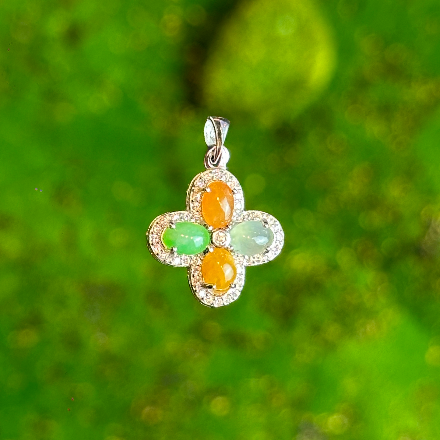 Multi Colour Jadeite Jade Four Leaf Pendant - Natural Stone