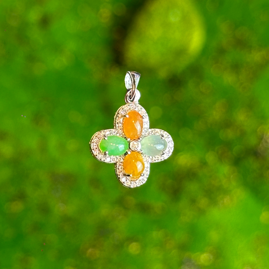 Multi Colour Jadeite Jade Four Leaf Pendant  - Natural Stone