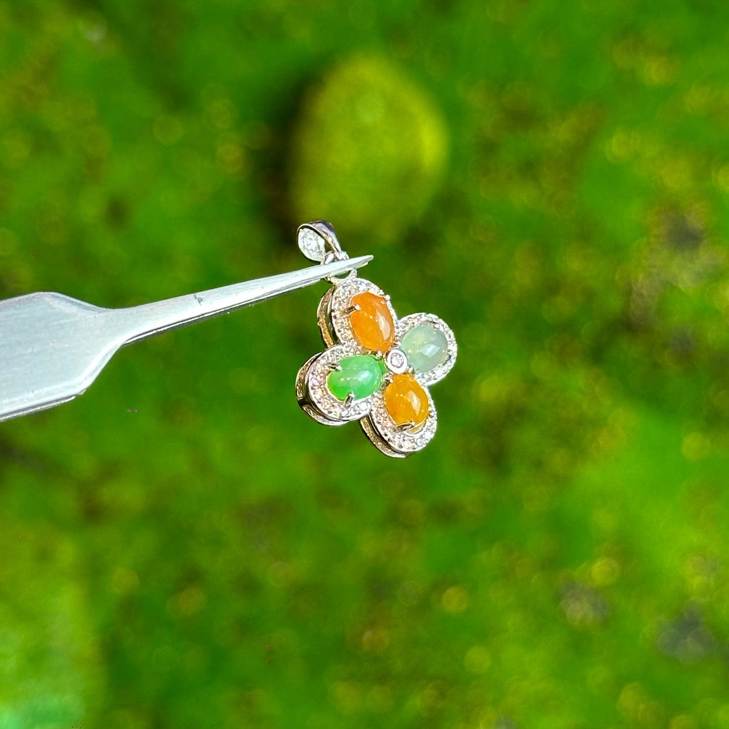 Multi Colour Natural Jadeite Jade Four Leaf Pendant in Silver 925 Setting