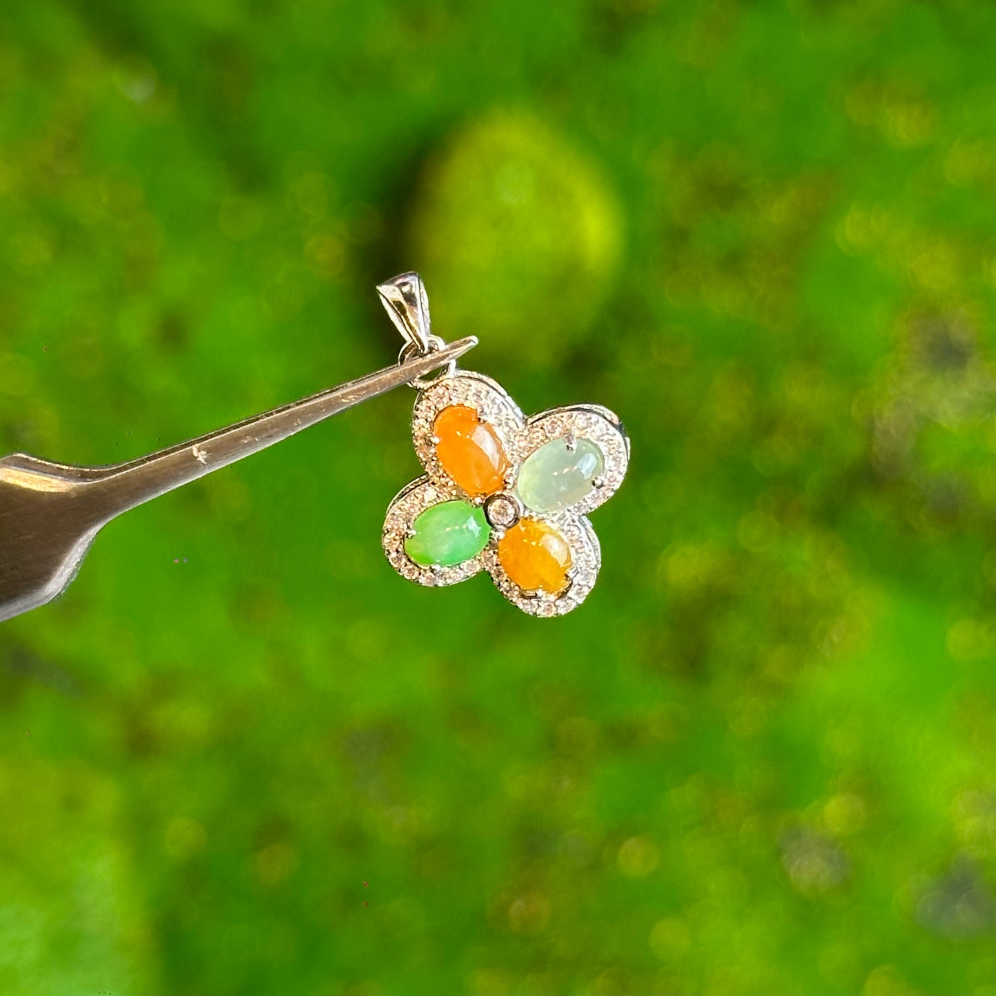 Multi Colour Natural Jadeite Jade Four Leaf Pendant in Silver 925 Setting