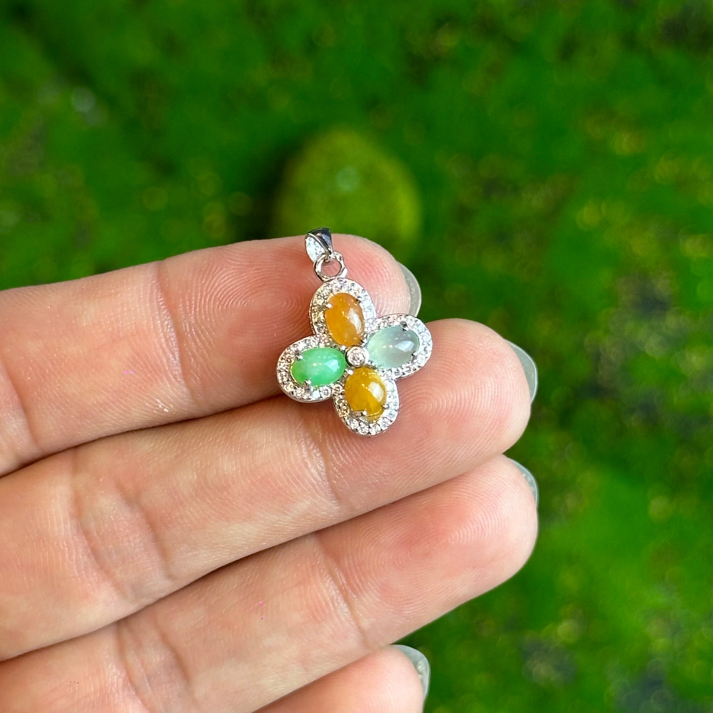 Multi Colour Natural Jadeite Jade Four Leaf Pendant in Silver 925 Setting