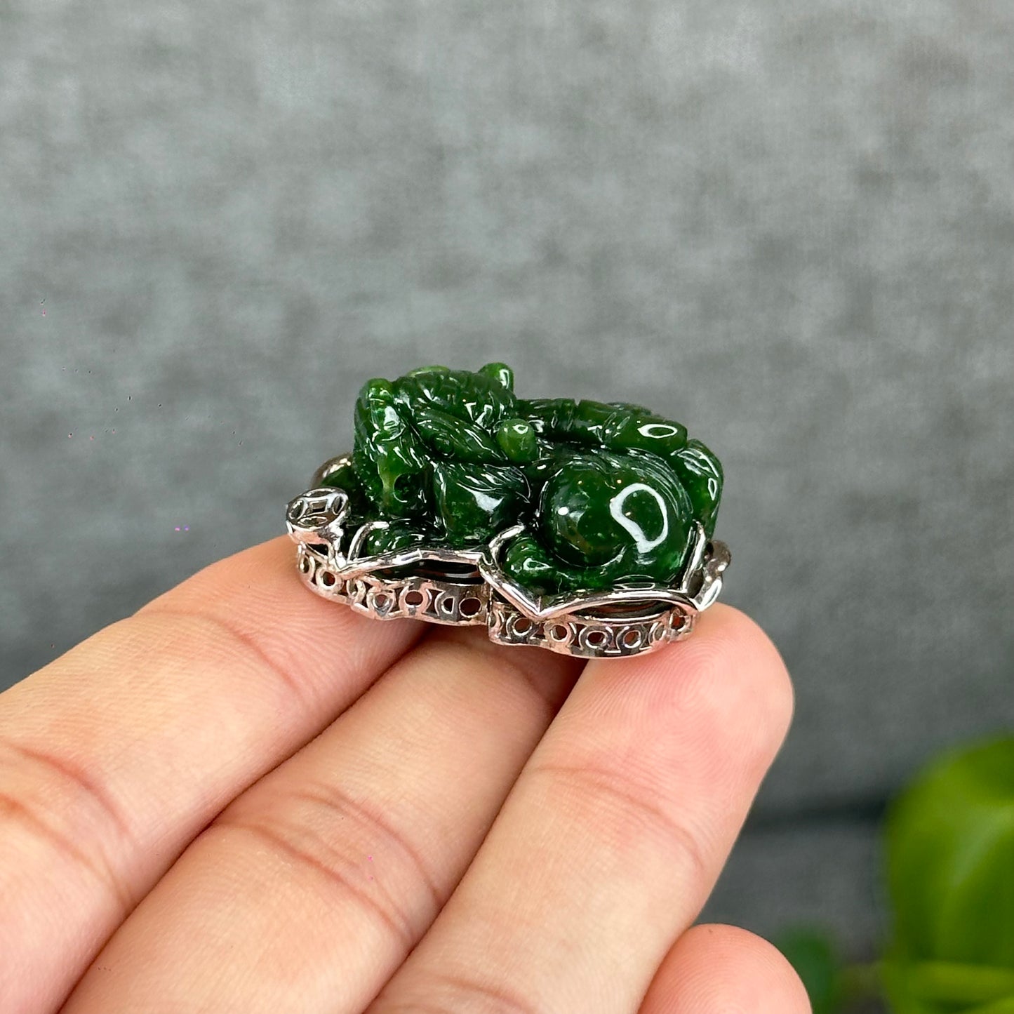 Pixiu Natural Nephrite Jade Charm in Silver Setting