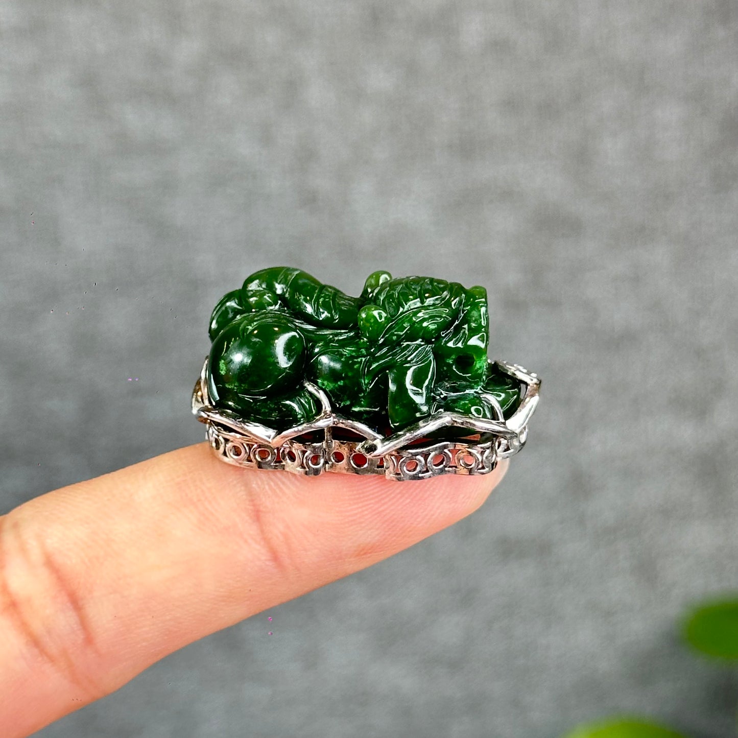 Pixiu Natural Nephrite Jade Charm in Silver Setting