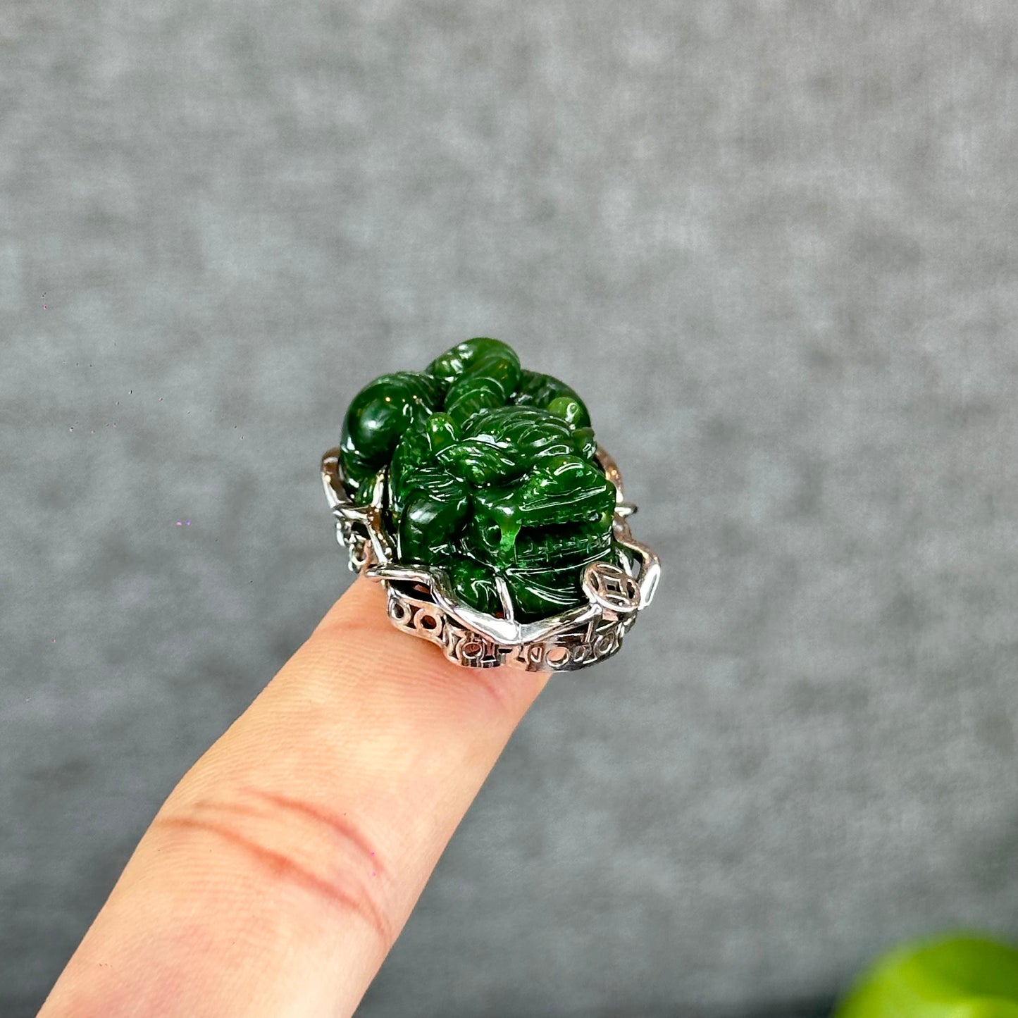 Pixiu Natural Nephrite Jade Charm in Silver Setting