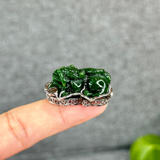 Pixiu Natural Nephrite Jade Charm in Silver Setting
