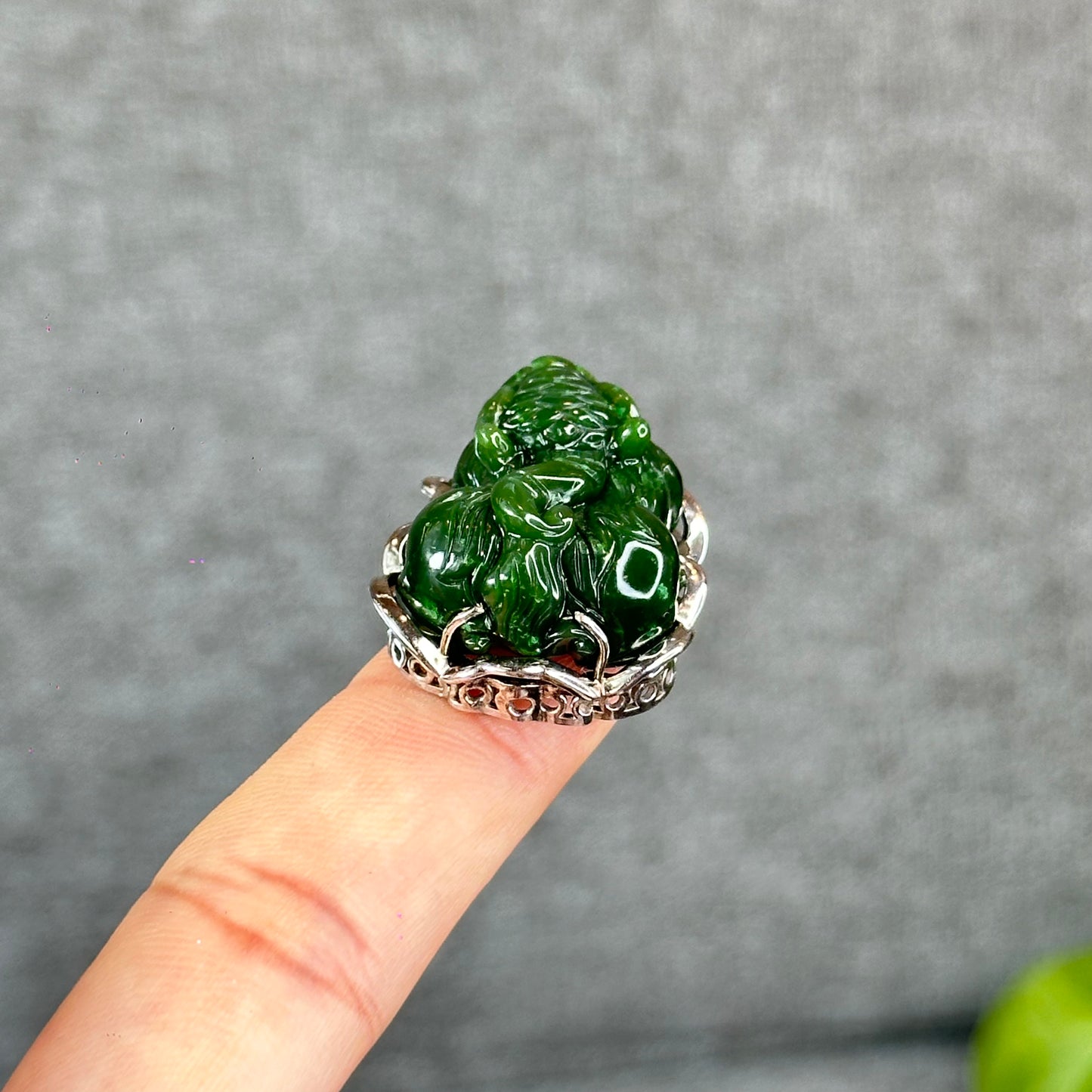 Pixiu Natural Nephrite Jade Charm in Silver Setting