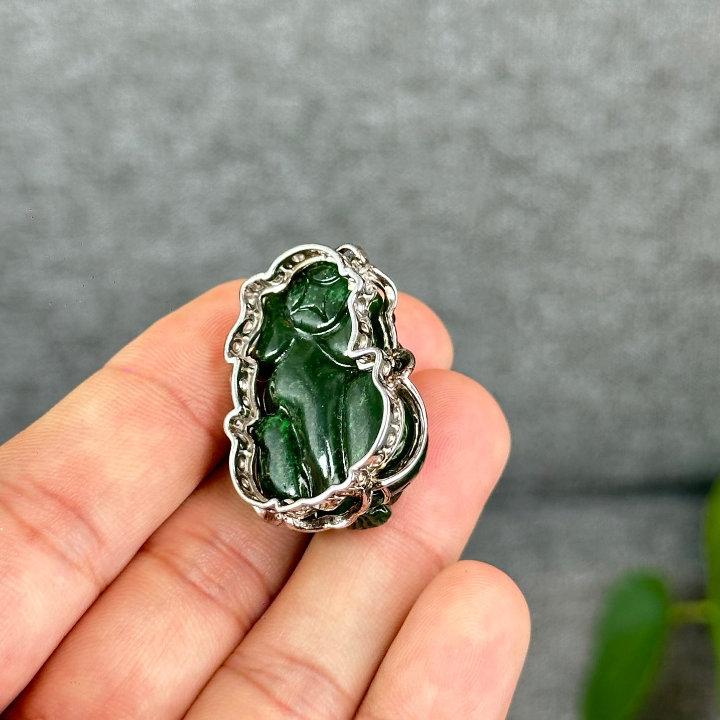 Pixiu Natural Nephrite Jade Charm in Silver Setting