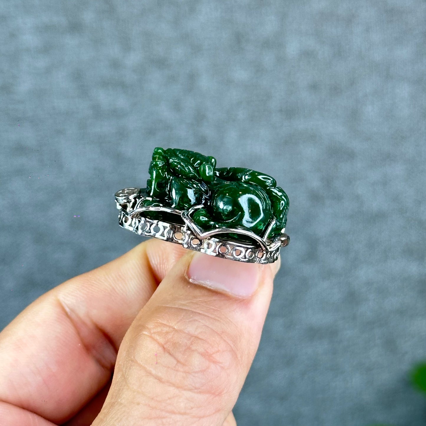 Pixiu Natural Nephrite Jade Charm in Silver Setting