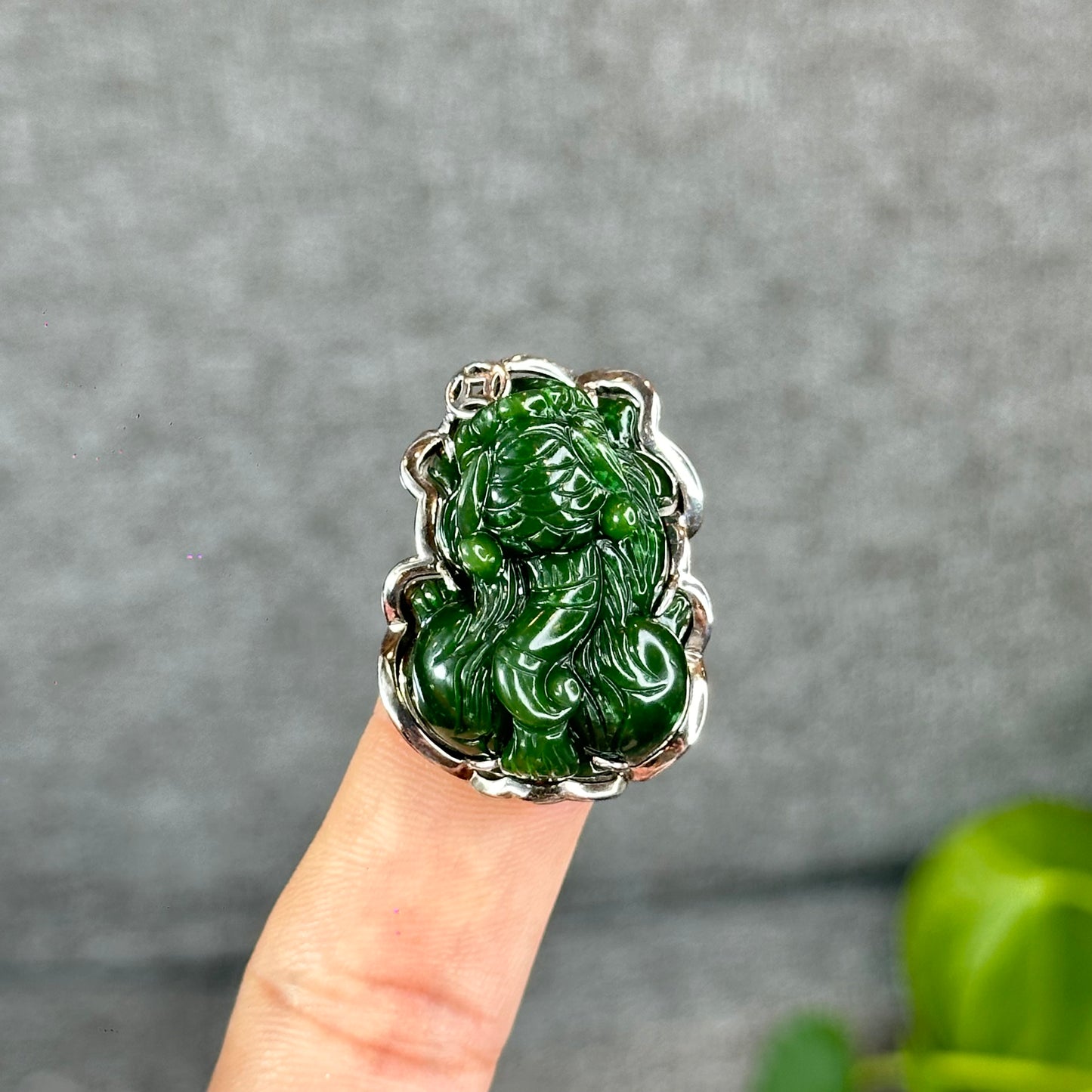 Pixiu Natural Nephrite Jade Charm in Silver Setting