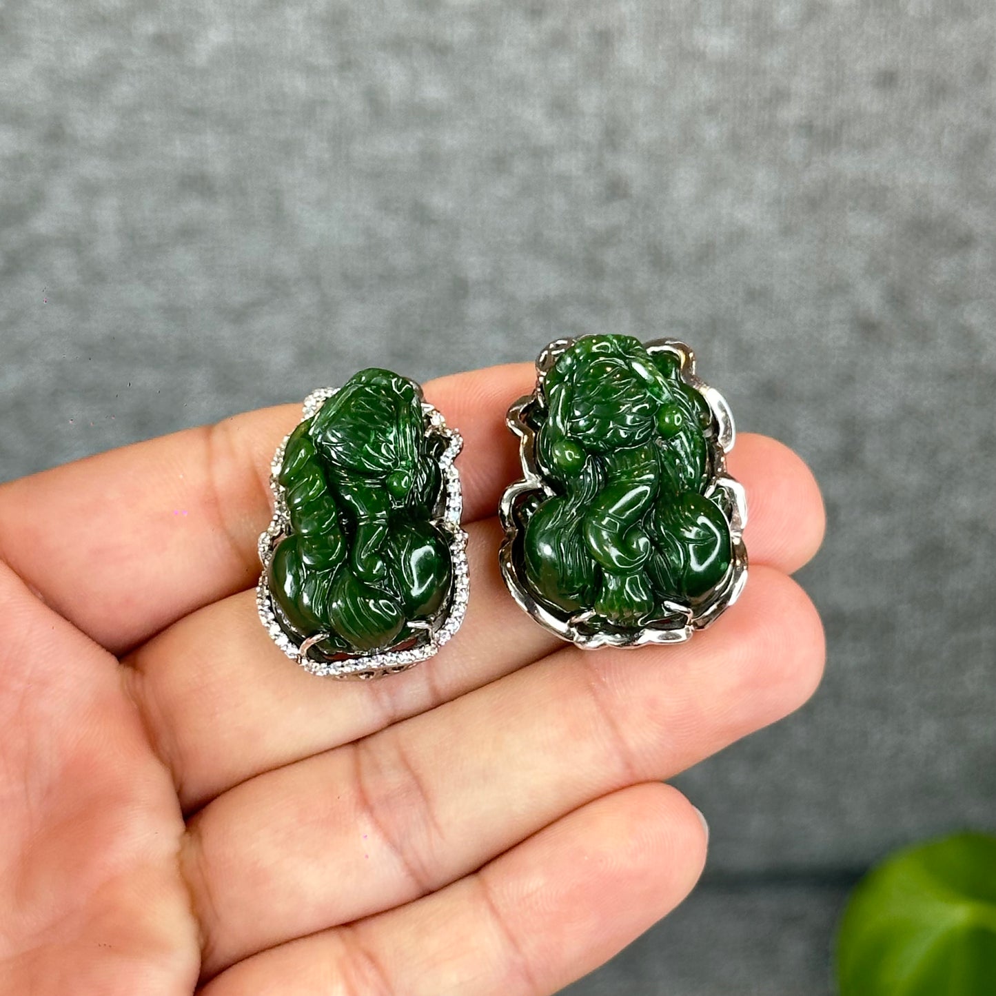 Pixiu Natural Nephrite Jade Charm in Silver Setting