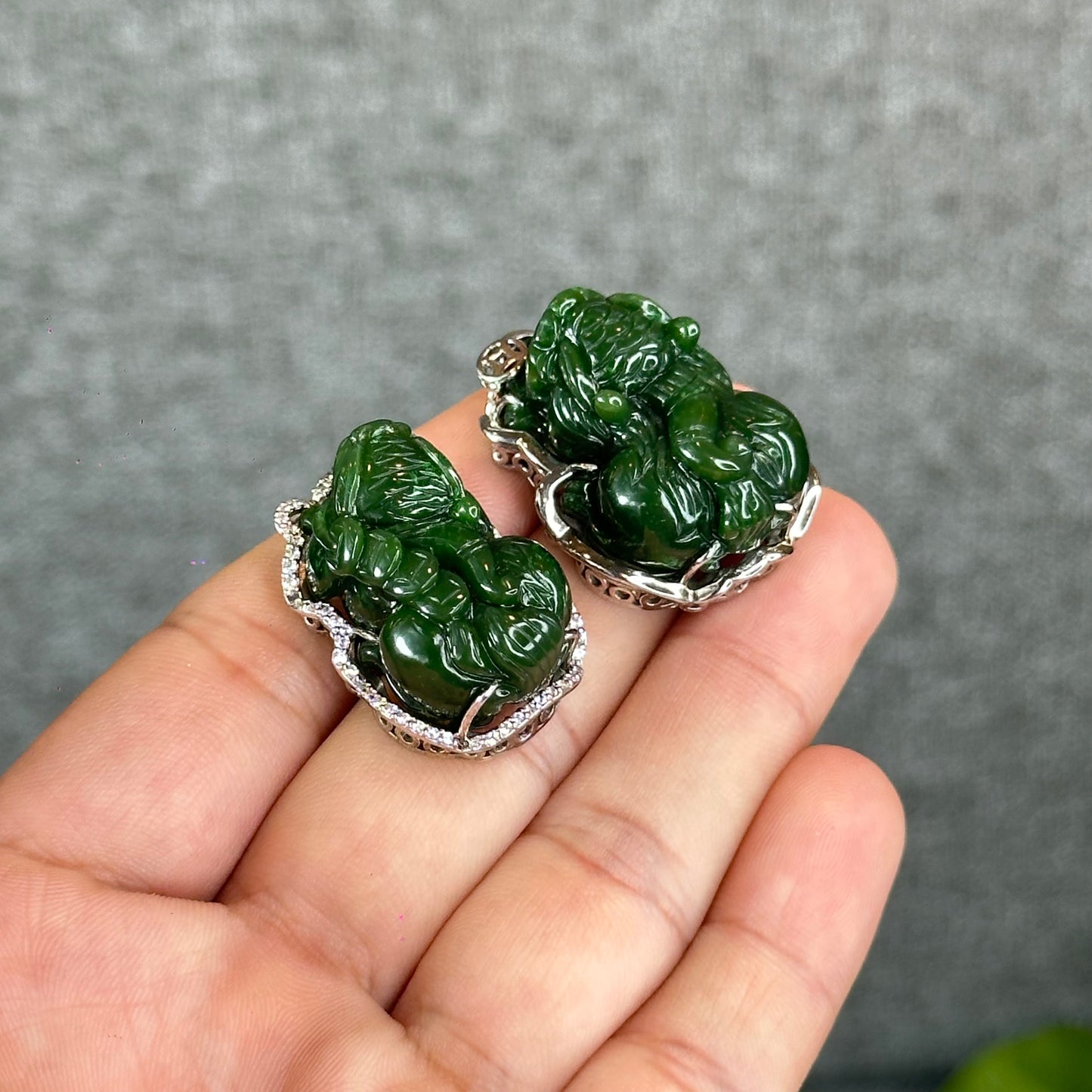 Pixiu Natural Nephrite Jade Charm in Silver Setting