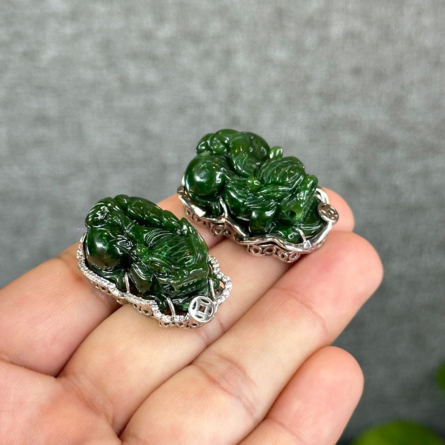 Pixiu Natural Nephrite Jade Charm in Silver Setting