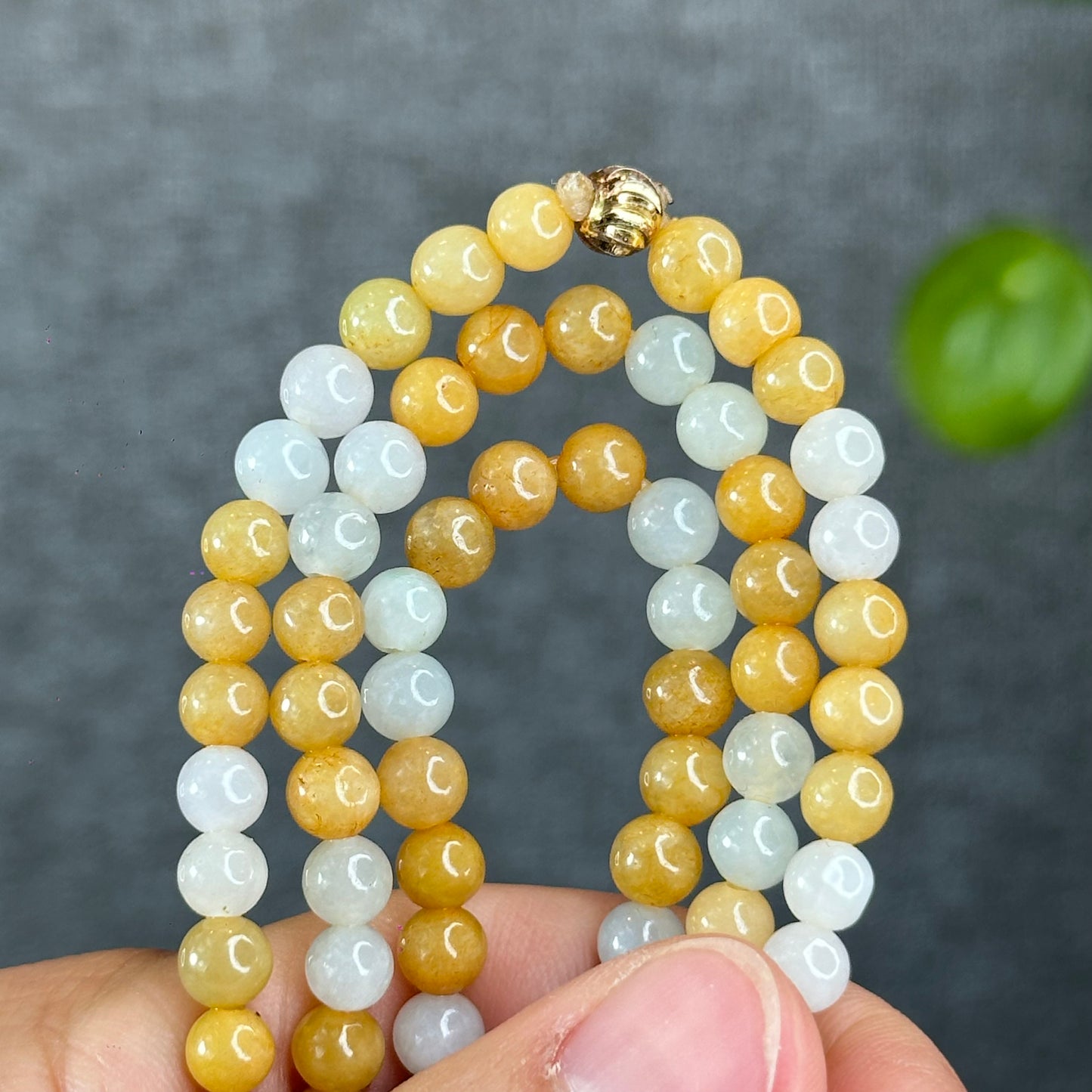 Natural Orange-IvoryWhite-Light Green Jadite Jade Triple Wrap VIP Bracelet Size 6 mm