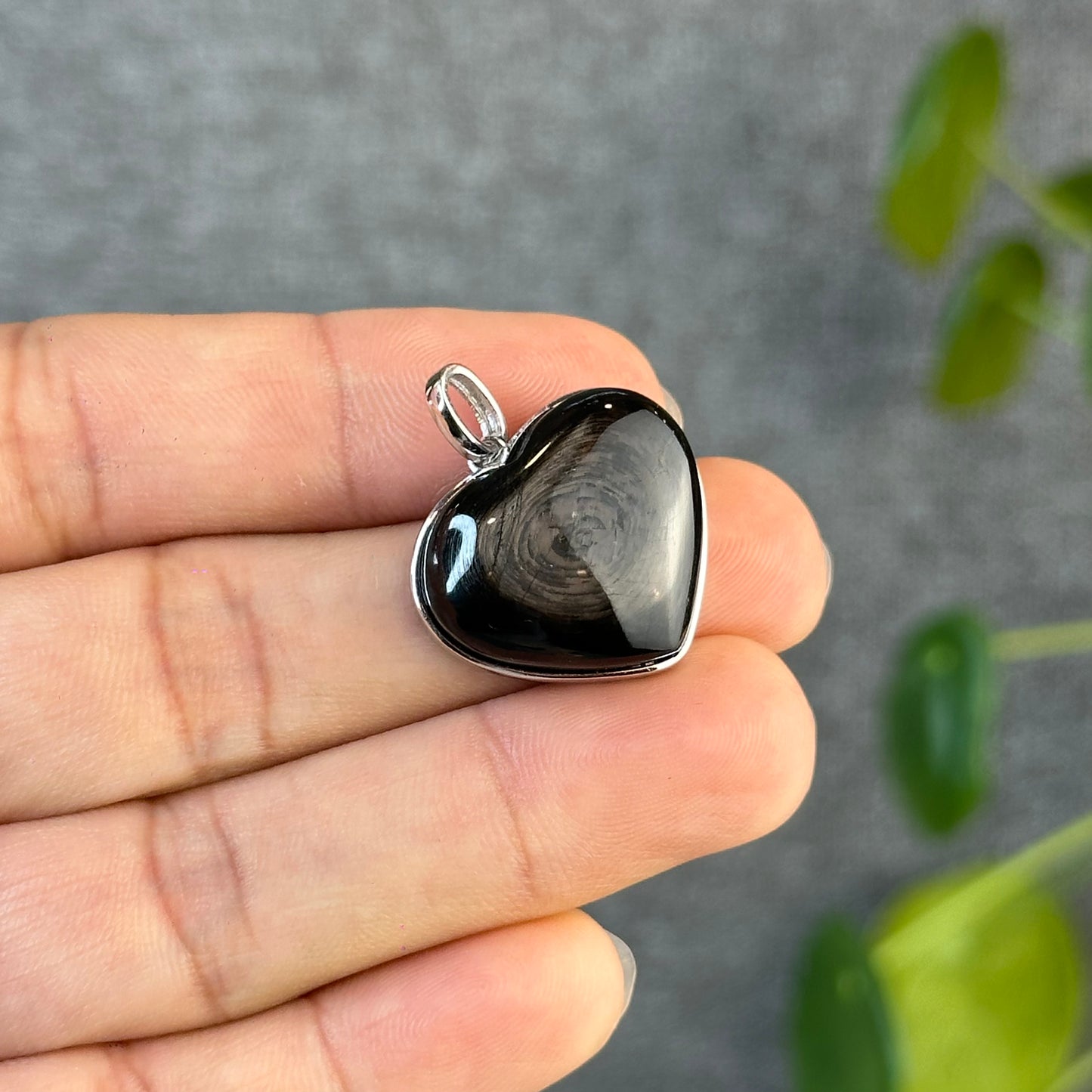 Natural Hyperthene Heart Pendant in Silver Setting
