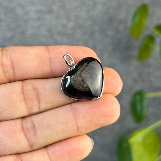 Natural Hyperthene Heart Pendant in Silver Setting