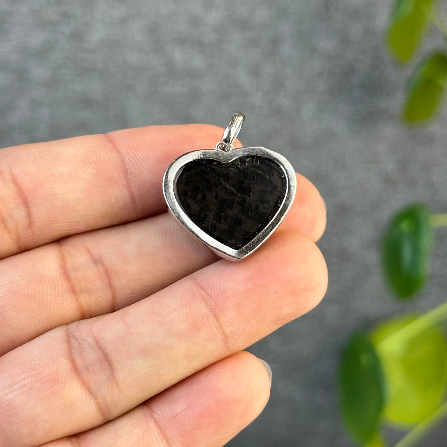 Natural Hyperthene Heart Pendant in Silver Setting