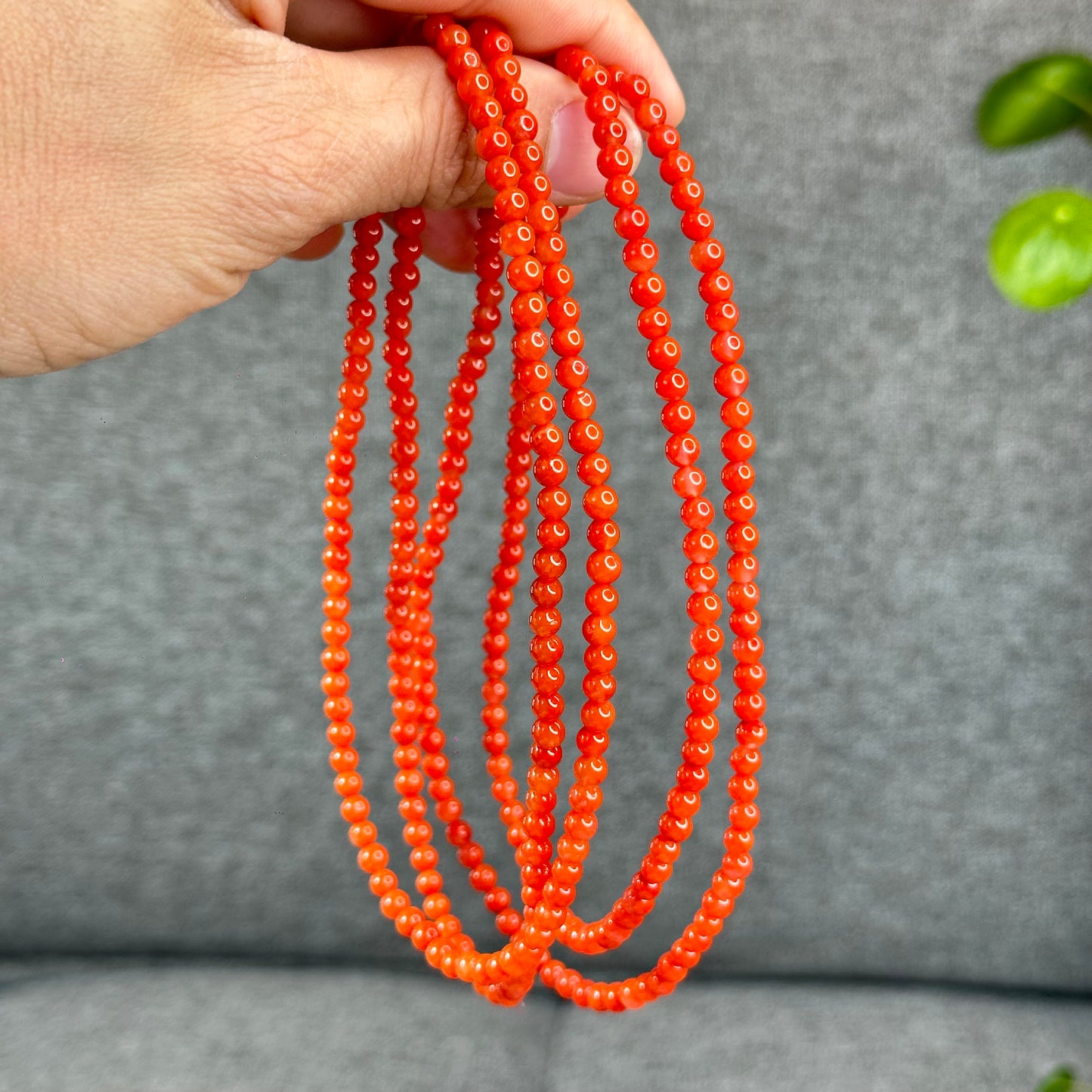 Coral Red Natural Nan Hong Agate Triple Wrap Bracelet Size 5 mm