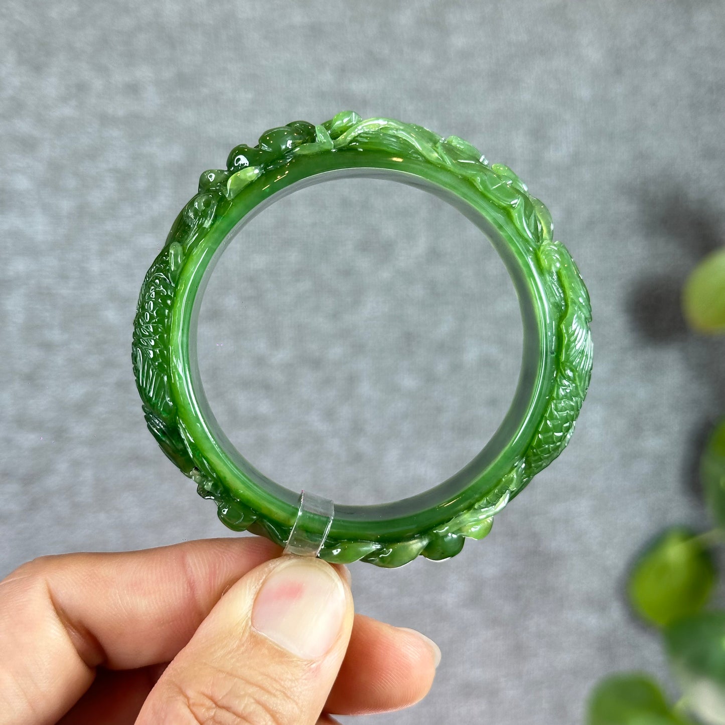 Lotus Fish Feng Shui Carved Natural Nephrite Jade VIP Banlge Size 52 mm
