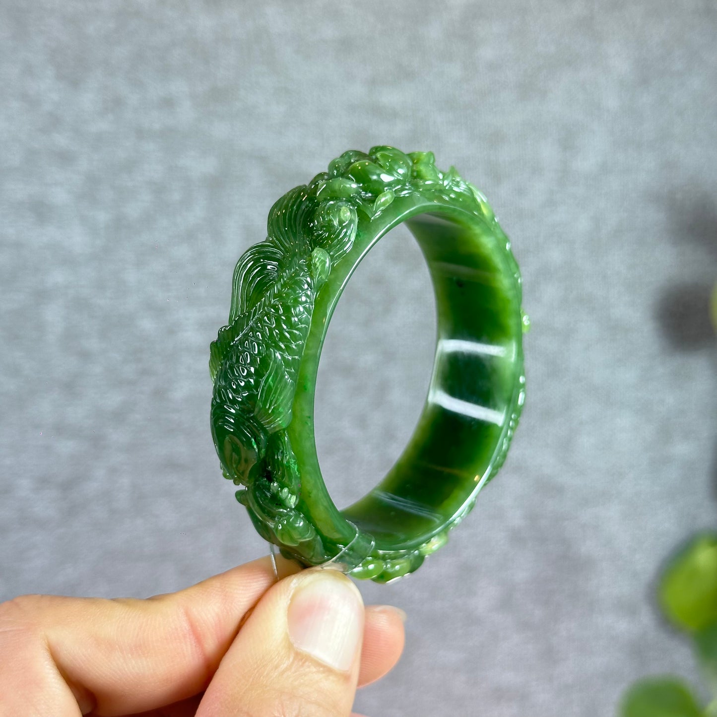Lotus Fish Feng Shui Carved Natural Nephrite Jade VIP Banlge Size 52 mm