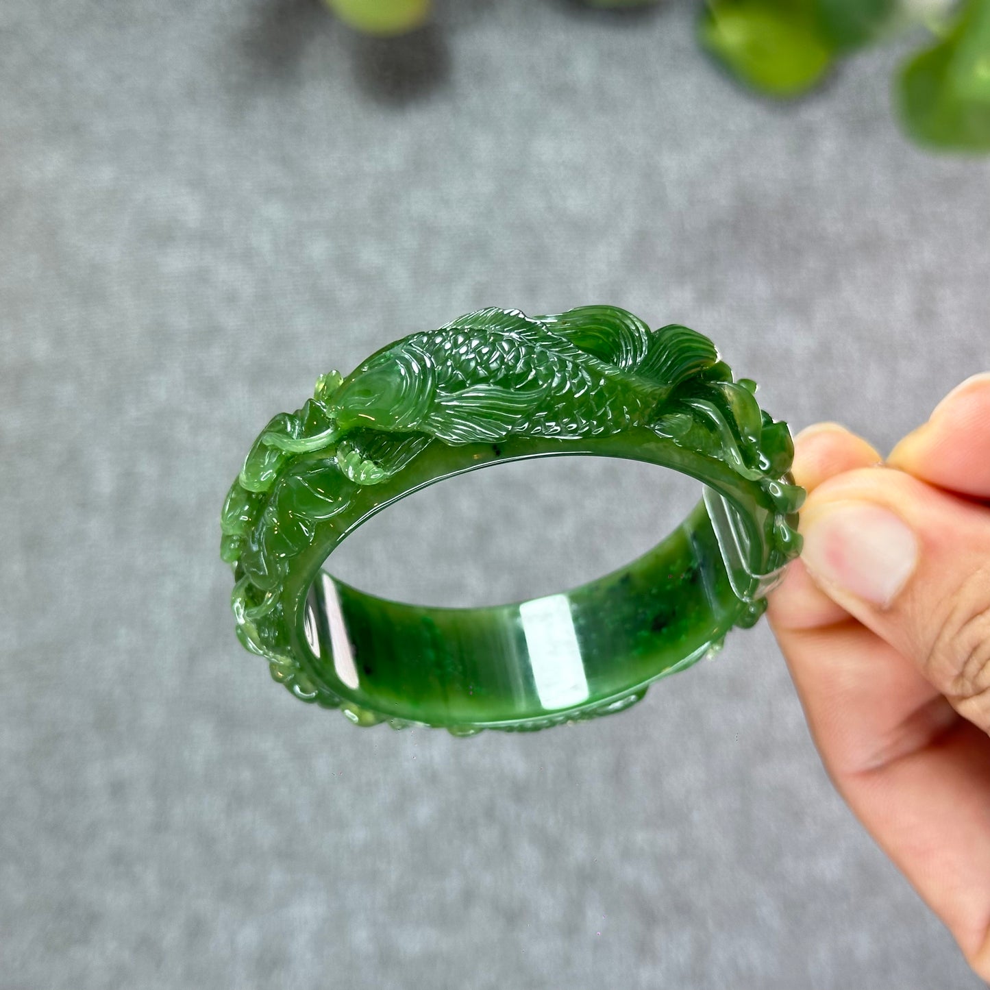 Lotus Fish Feng Shui Carved Natural Nephrite Jade VIP Banlge Size 52 mm