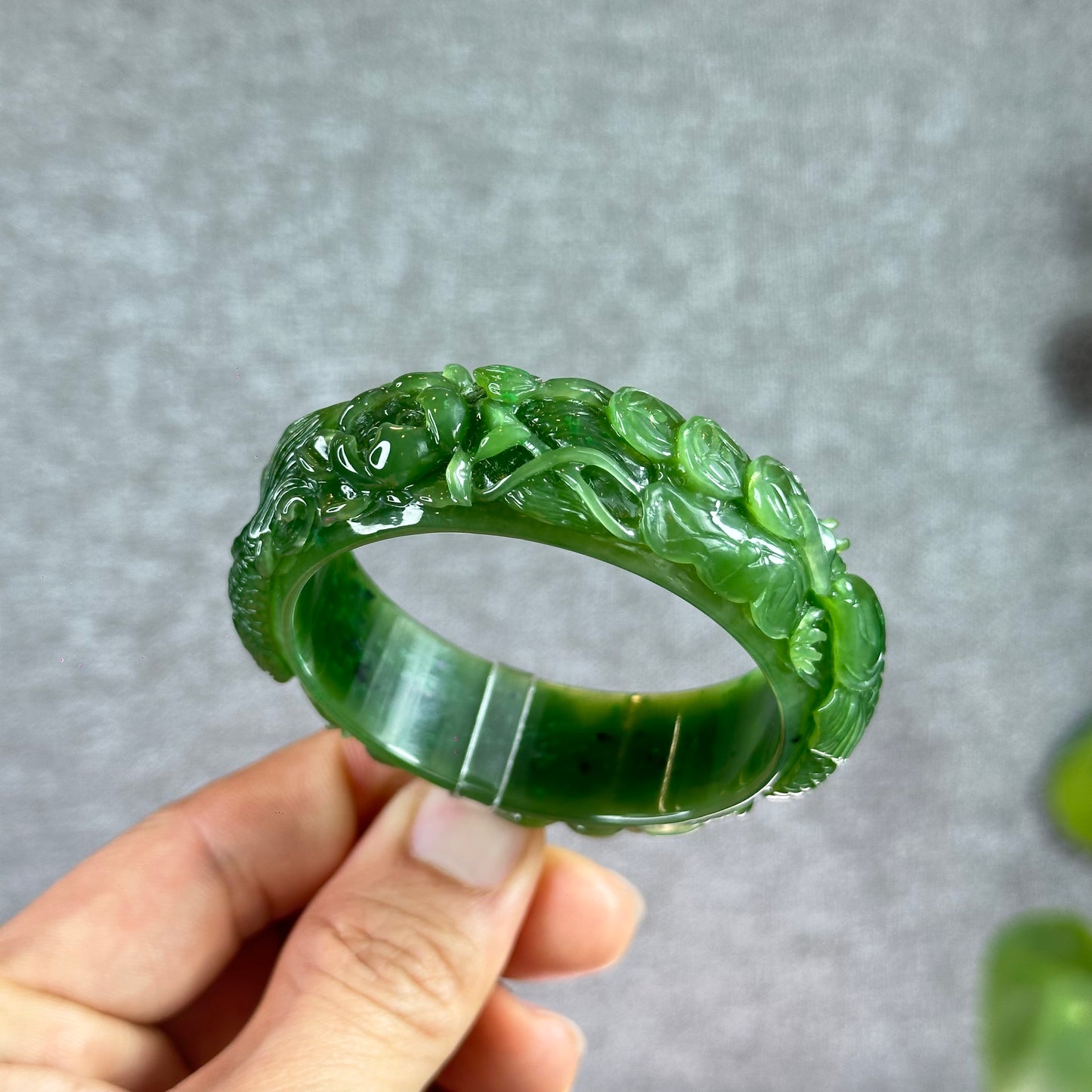Lotus Fish Feng Shui Carved Natural Nephrite Jade VIP Banlge Size 52 mm