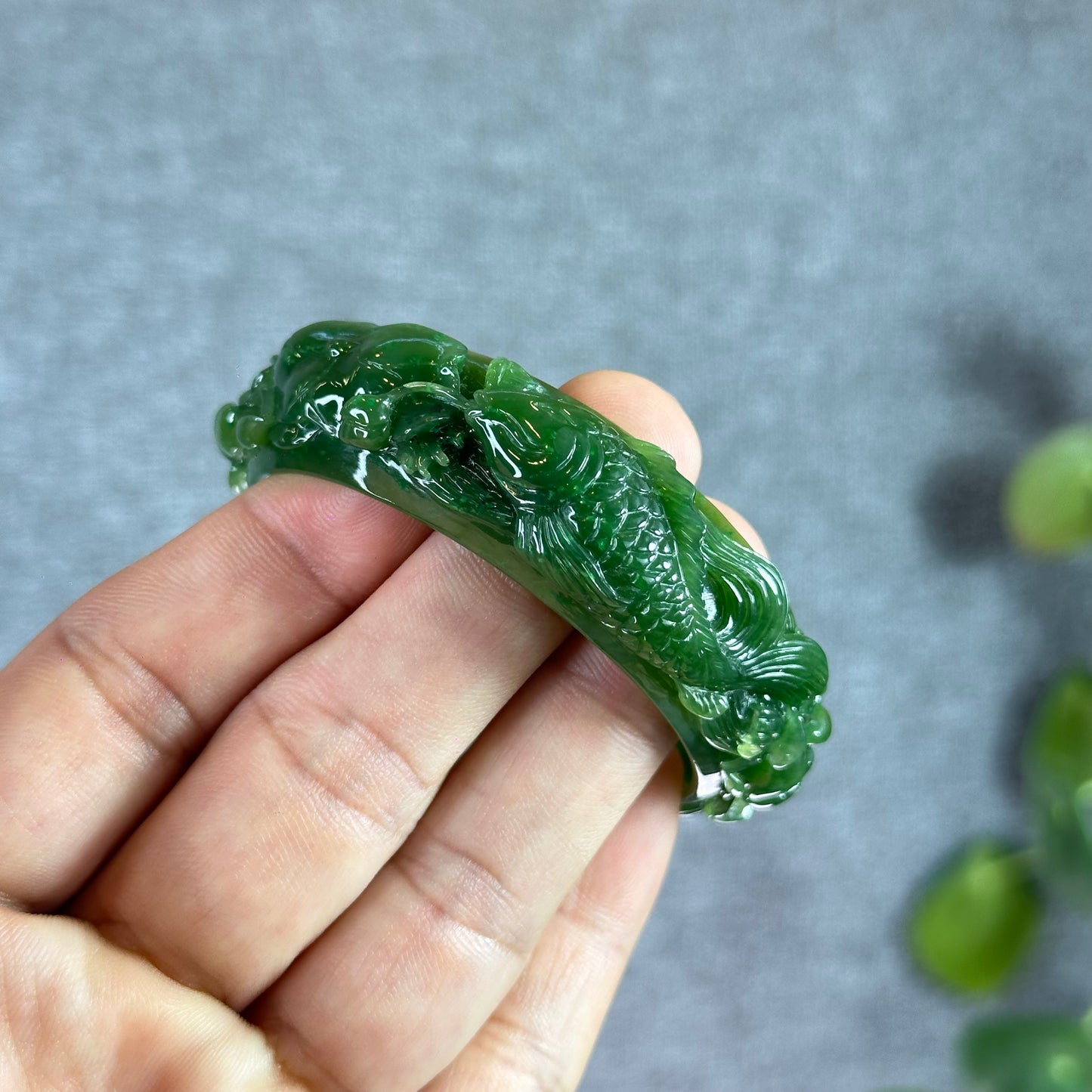 Lotus Fish Feng Shui Carved Natural Nephrite Jade VIP Banlge Size 52 mm