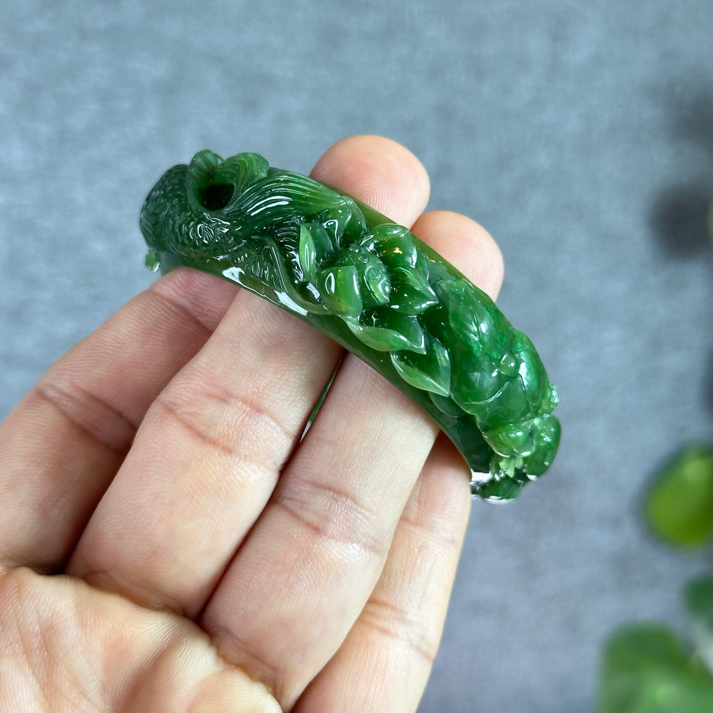 Lotus Fish Feng Shui Carved Natural Nephrite Jade VIP Banlge Size 52 mm