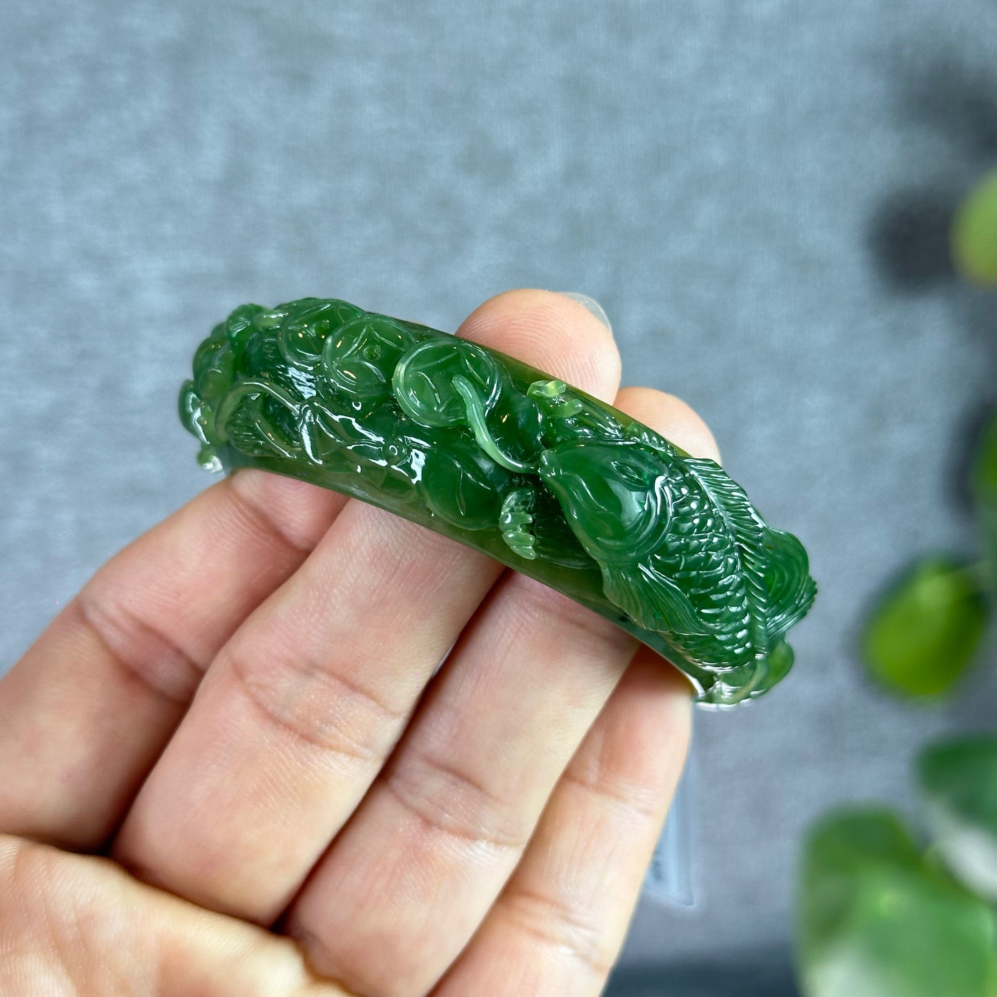 Lotus Fish Feng Shui Carved Natural Nephrite Jade VIP Banlge Size 52 mm