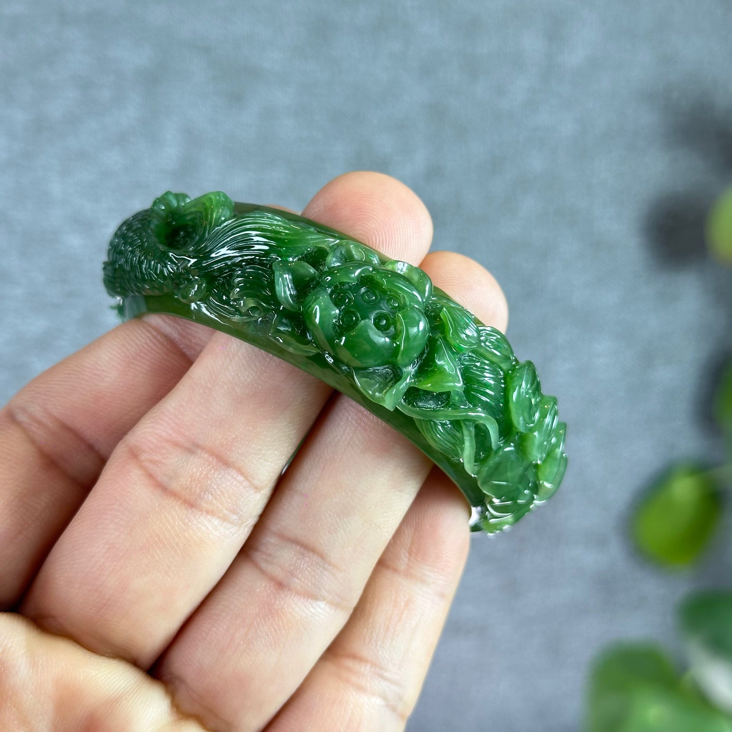 Lotus Fish Feng Shui Carved Natural Nephrite Jade VIP Banlge Size 52 mm