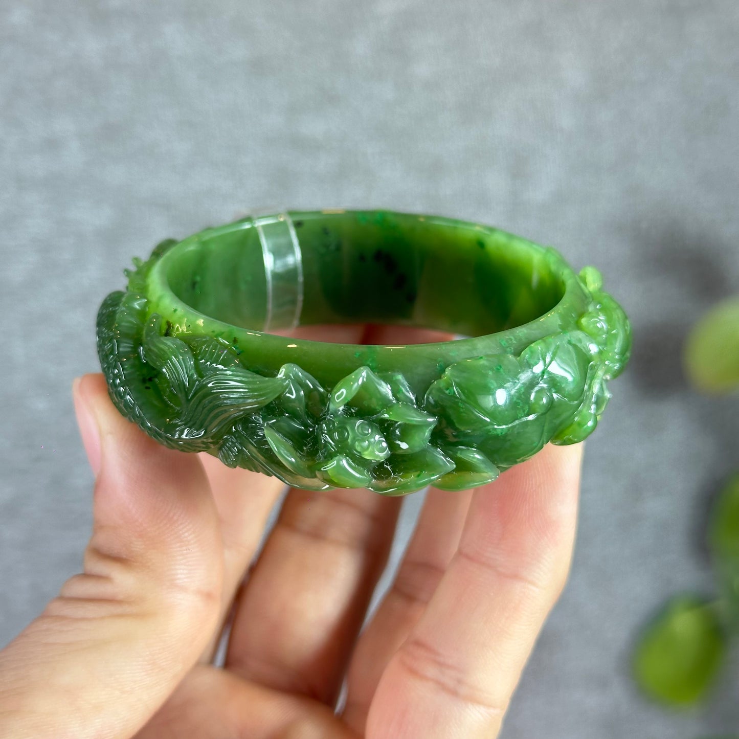 Lotus Fish Feng Shui Carved Natural Nephrite Jade VIP Banlge Size 52 mm