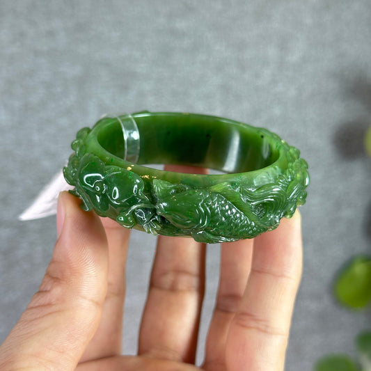 Lotus Fish Feng Shui Carved Nephrite Jade VIP Banlge  - Genuine Stone