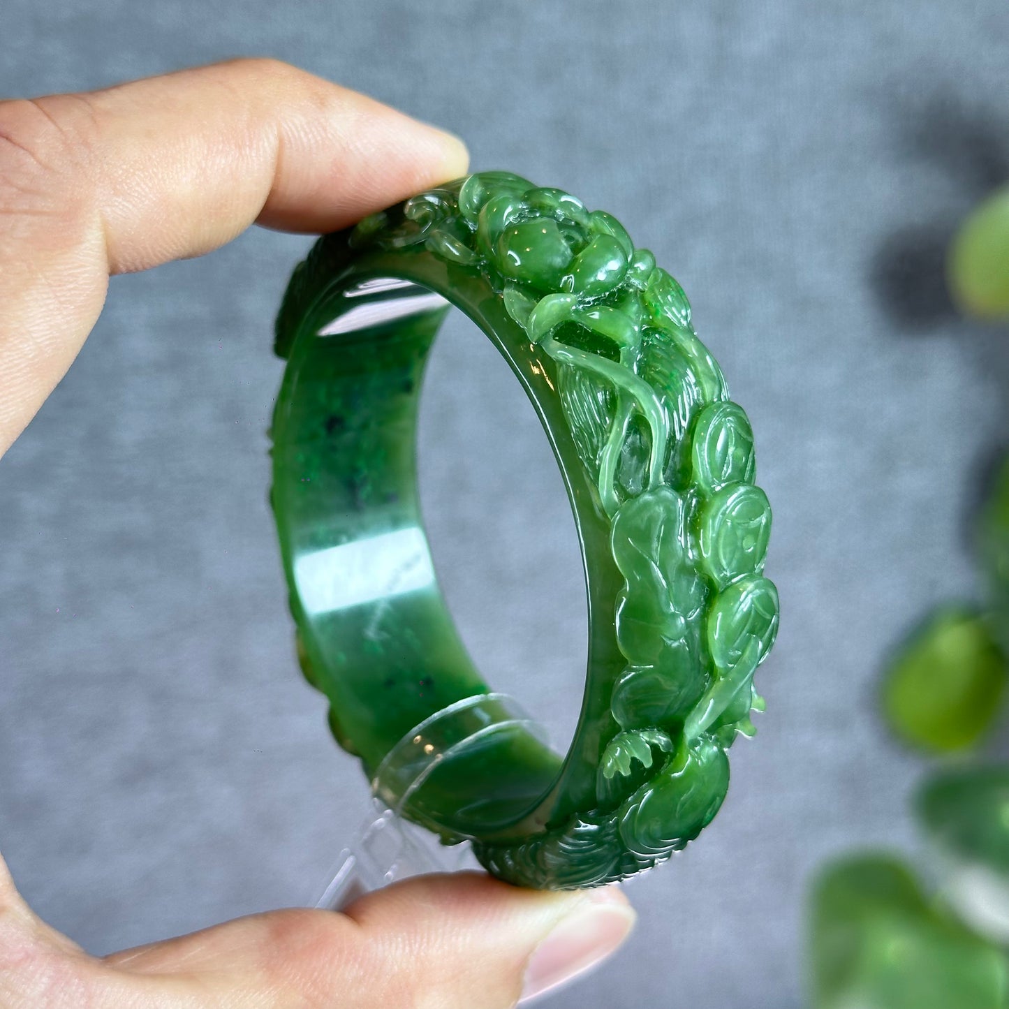 Lotus Fish Feng Shui Carved Natural Nephrite Jade VIP Banlge Size 52 mm
