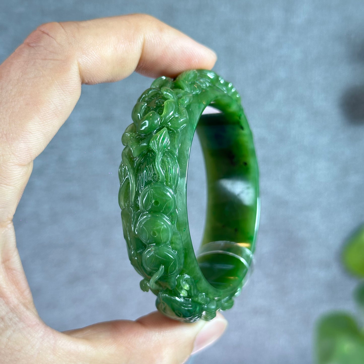 Lotus Fish Feng Shui Carved Natural Nephrite Jade VIP Banlge Size 52 mm