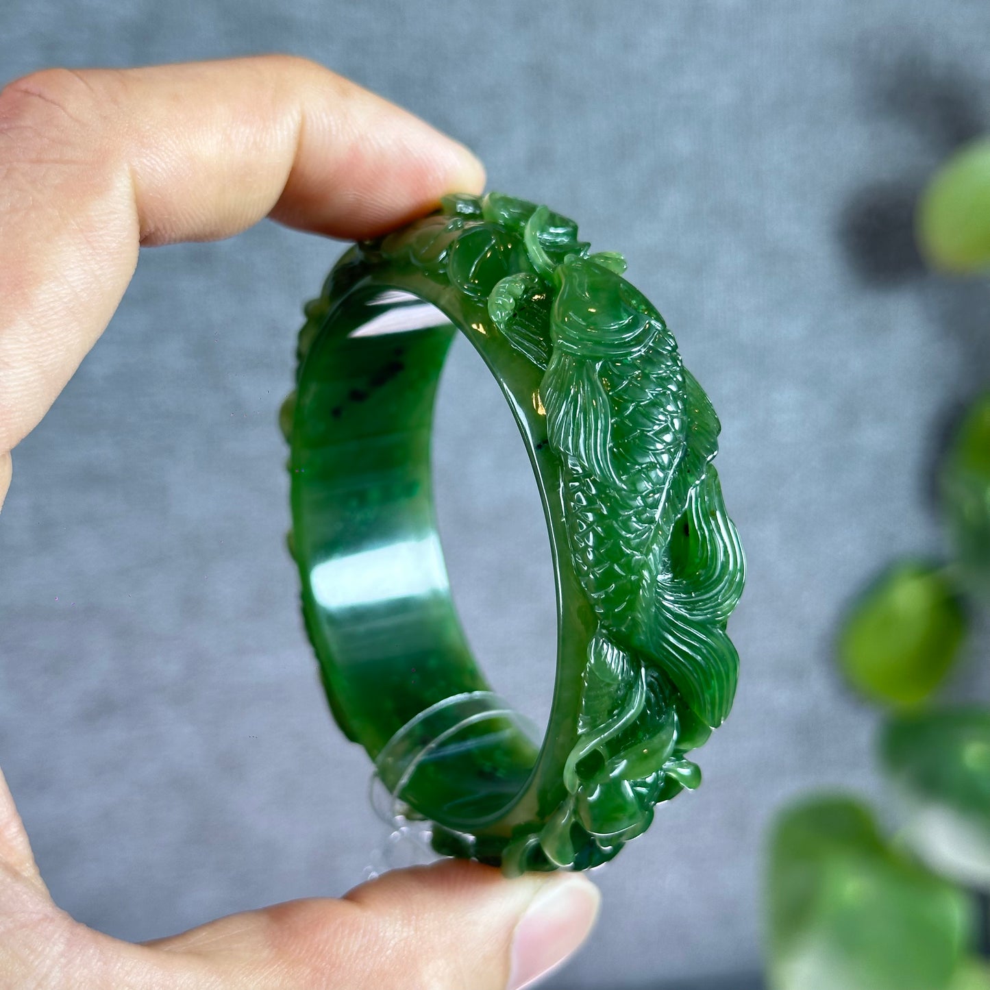Lotus Fish Feng Shui Carved Natural Nephrite Jade VIP Banlge Size 52 mm