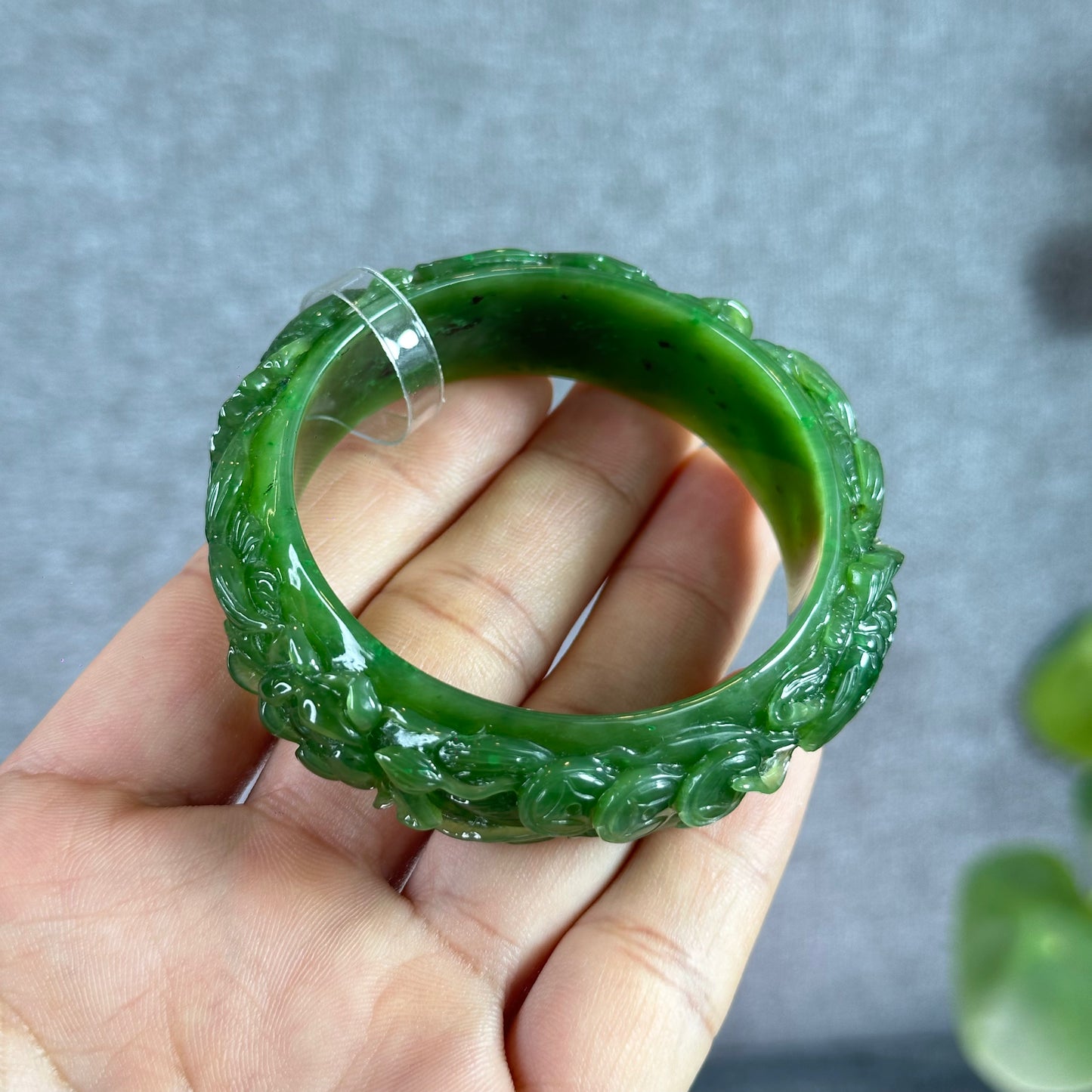 Lotus Fish Feng Shui Carved Natural Nephrite Jade VIP Banlge Size 52 mm