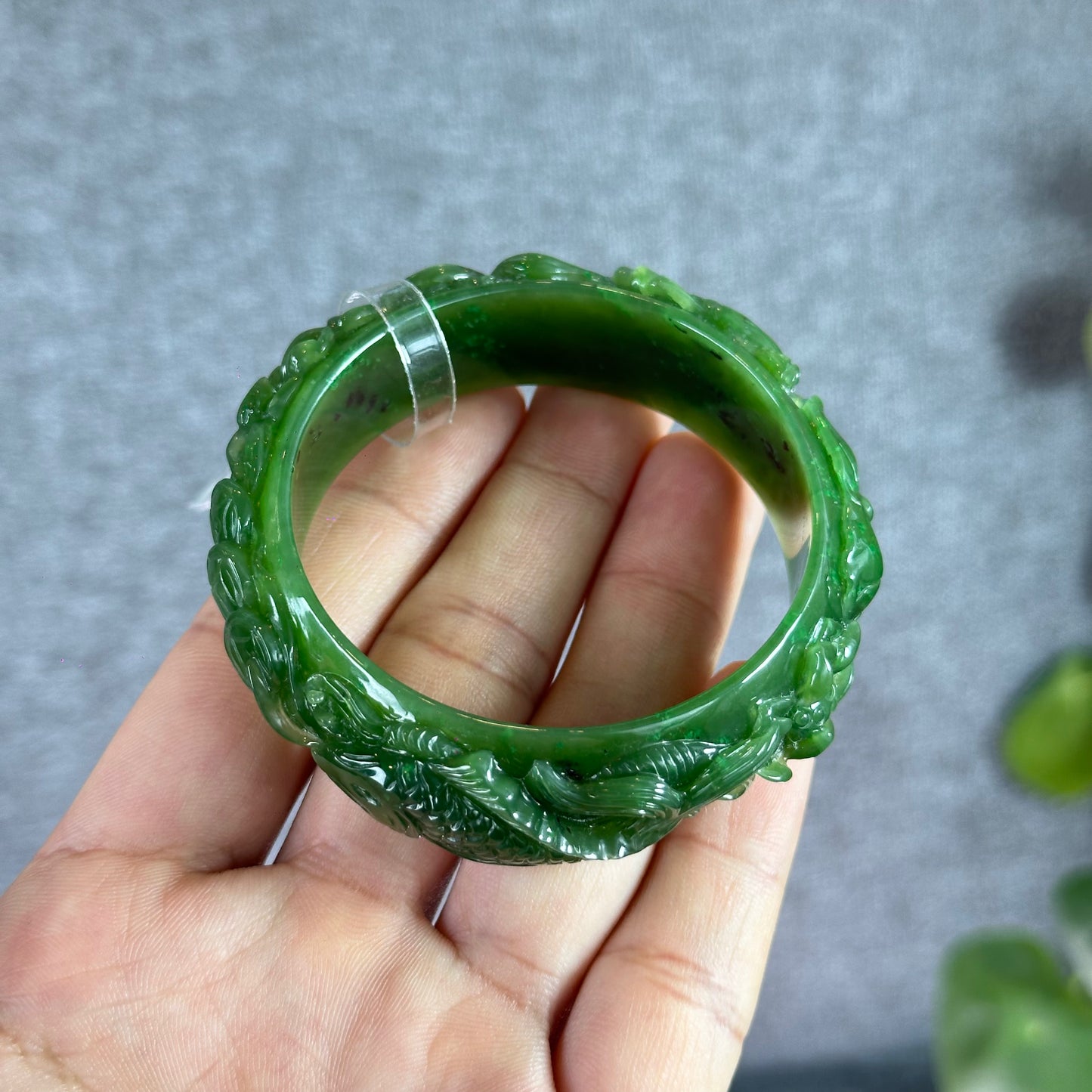 Lotus Fish Feng Shui Carved Natural Nephrite Jade VIP Banlge Size 52 mm