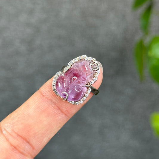 Pixiu Natural Amethyst Ring in Silver with White Stone Setting Size 1.65