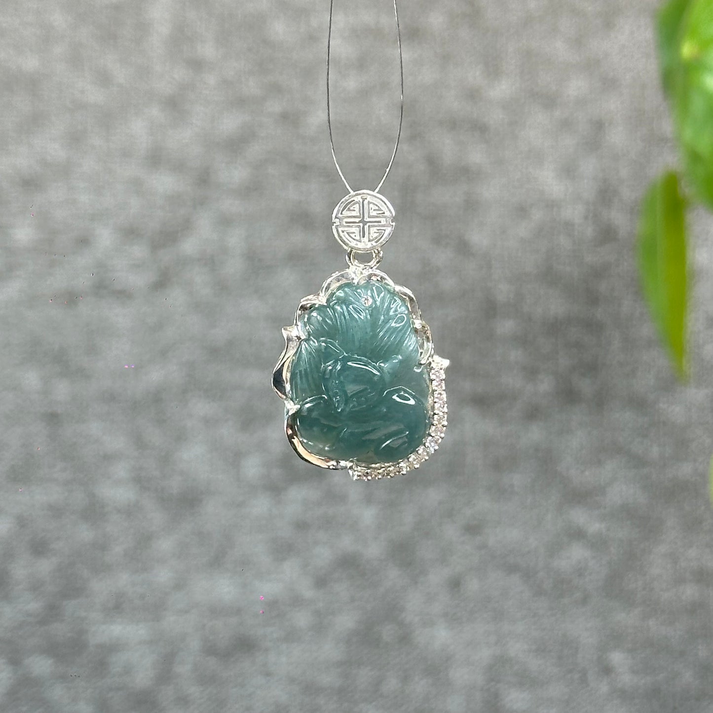 Natural Water Green Jadeite Jade Ho Ly Pendant in Silver Setting