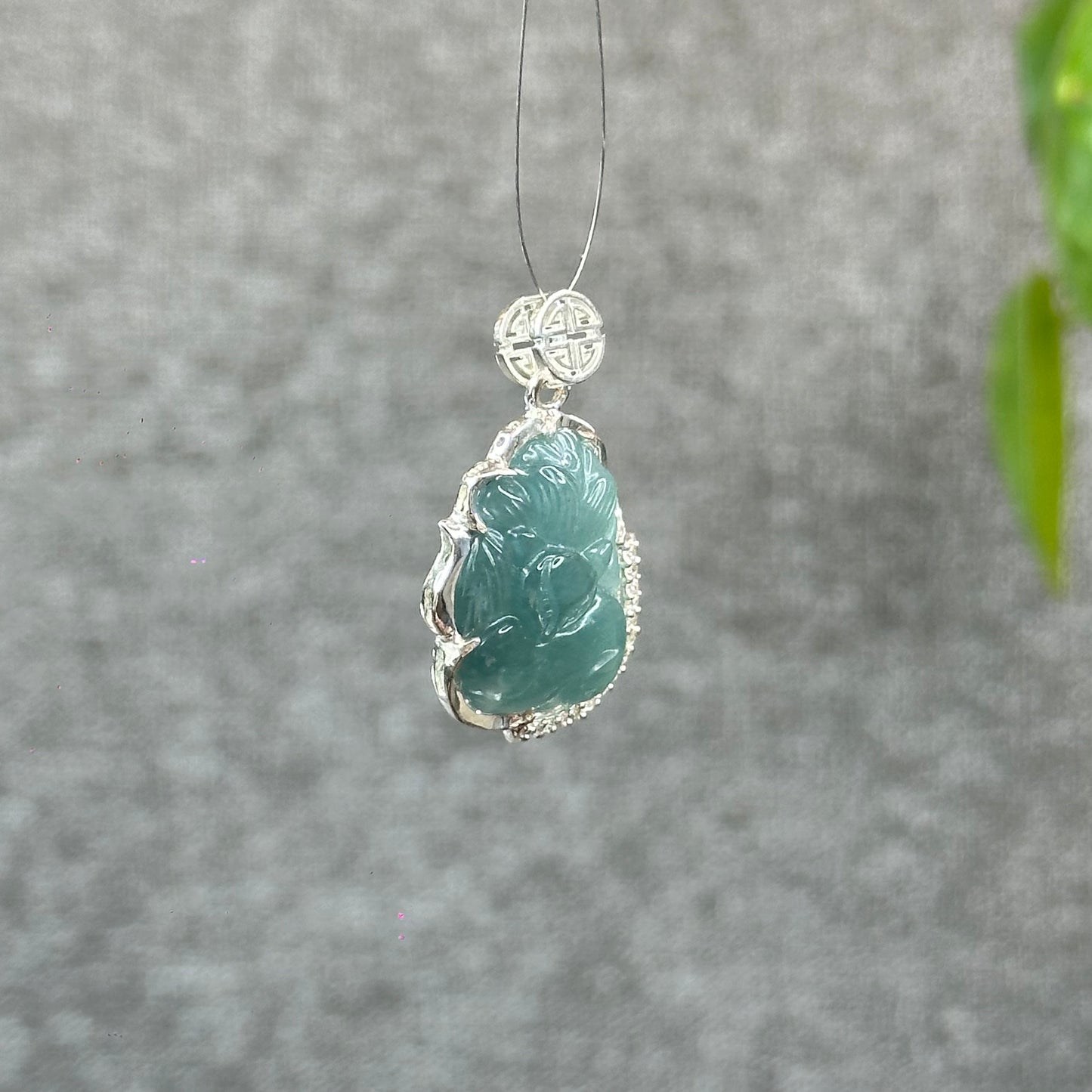 Natural Water Green Jadeite Jade Ho Ly Pendant in Silver Setting