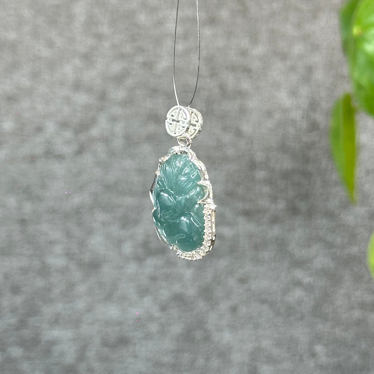 Natural Water Green Jadeite Jade Ho Ly Pendant in Silver Setting