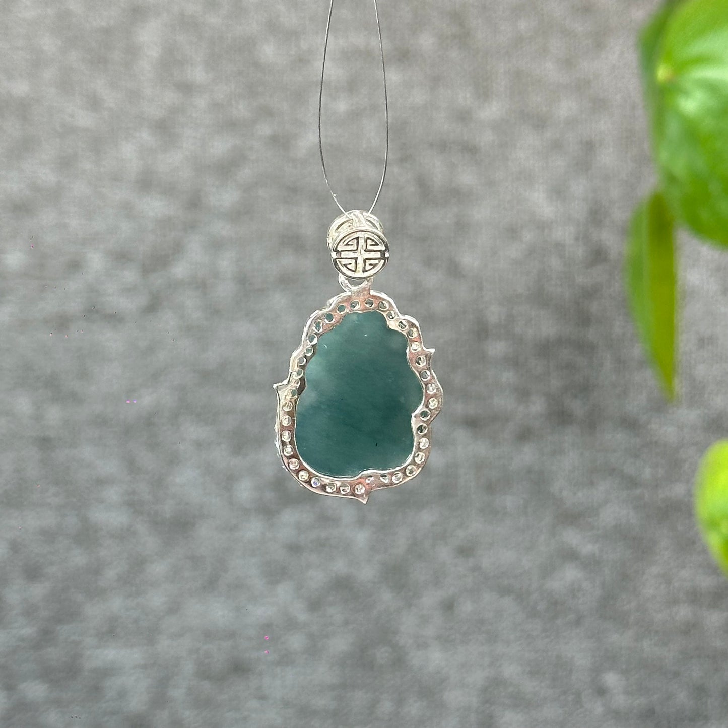 Natural Water Green Jadeite Jade Ho Ly Pendant in Silver Setting