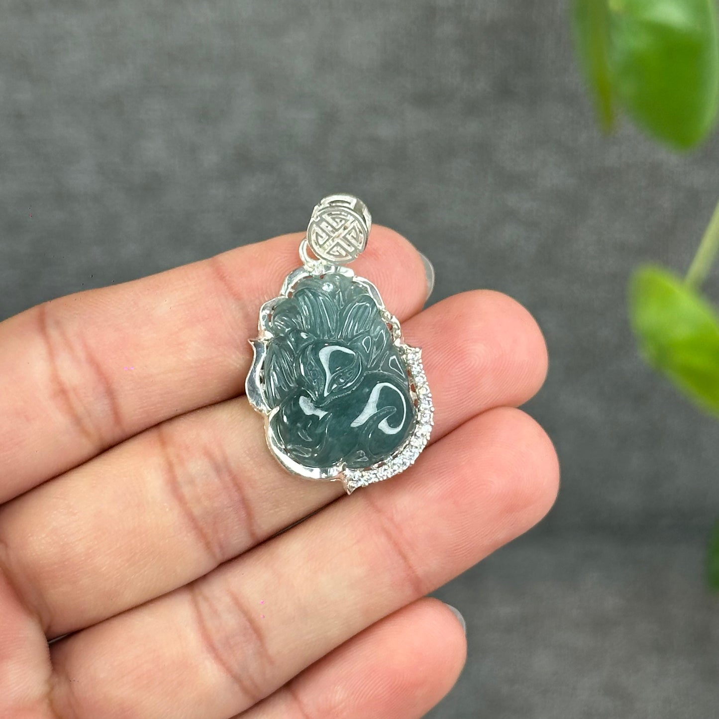 Natural Water Green Jadeite Jade Ho Ly Pendant in Silver Setting