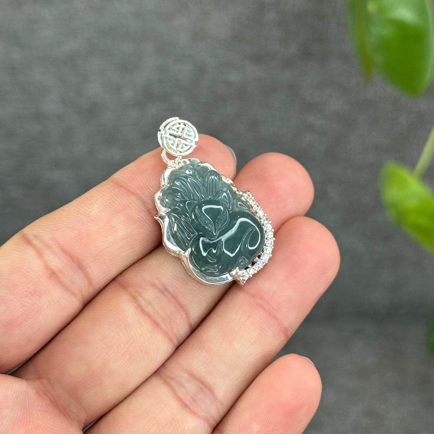 Natural Water Green Jadeite Jade Ho Ly Pendant in Silver Setting