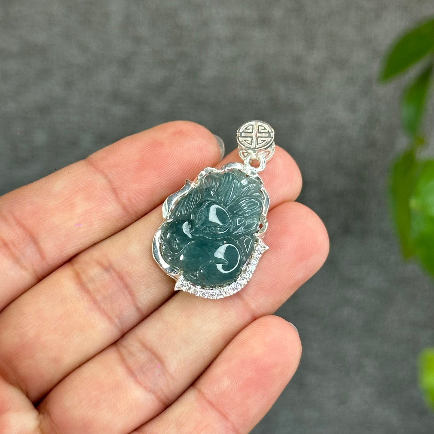 Natural Water Green Jadeite Jade Ho Ly Pendant in Silver Setting