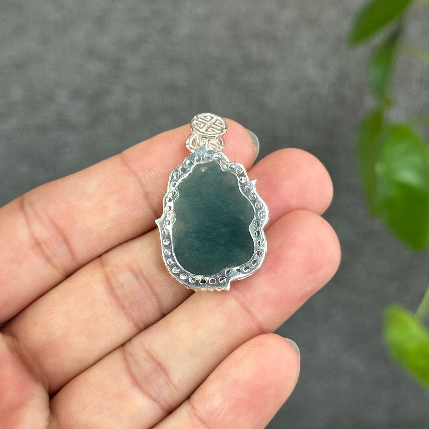 Natural Water Green Jadeite Jade Ho Ly Pendant in Silver Setting