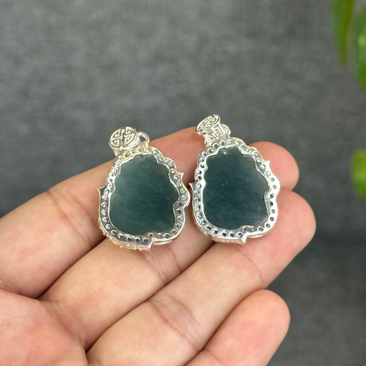 Natural Water Green Jadeite Jade Ho Ly Pendant in Silver Setting