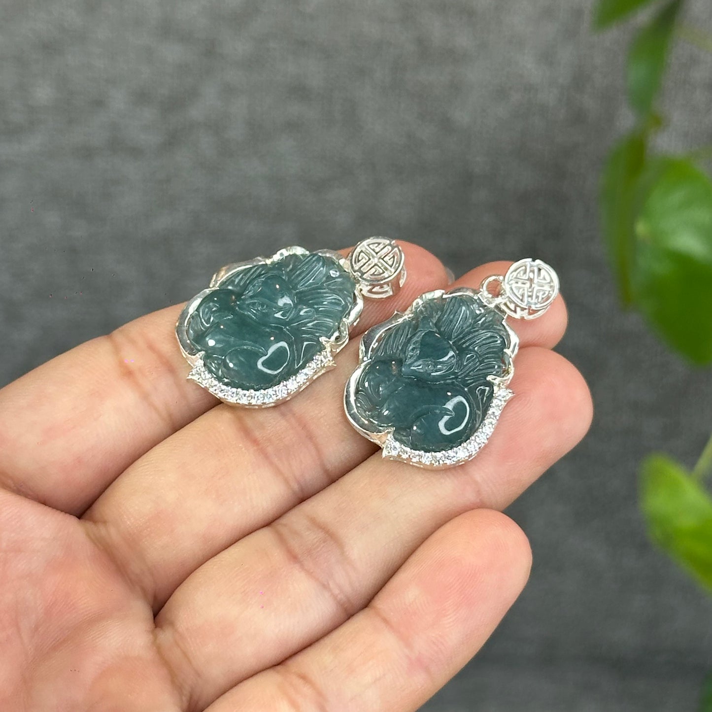 Natural Water Green Jadeite Jade Ho Ly Pendant in Silver Setting